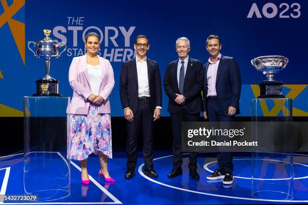 Jelena Dokic, Steve Dimopoulos, the Minister for Tourism, Sport and Major Events, Craig Tiley, CEO of Tennis Australia, and Todd Woodbridge pose...