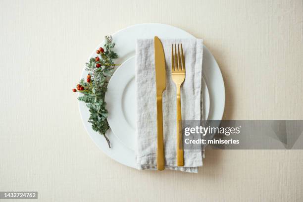 christmas preparations: top view of elegant table setting - cutlery table stock pictures, royalty-free photos & images