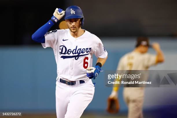 Trea Turner of the Los Angeles Dodgers rounds the bases after hitting a solo home run during the first inning in game one of the National League...
