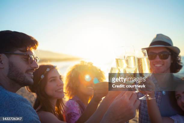 group of friends making a champagne toast on the beach - fabolous in concert stock pictures, royalty-free photos & images