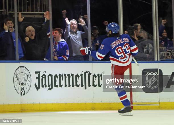 Mika Zibanejad of the New York Rangers celebrates his third period goal against the Tampa Bay Lightning at Madison Square Garden during the season...