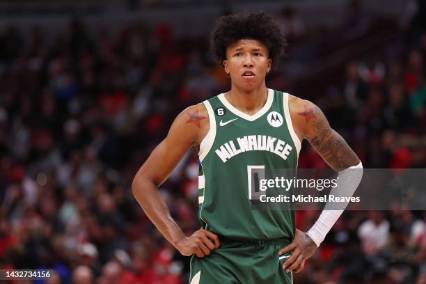 MarJon Beauchamp of the Milwaukee Bucks looks on against the Chicago Bulls during the second half of a preseason game at United Center on October 11,...