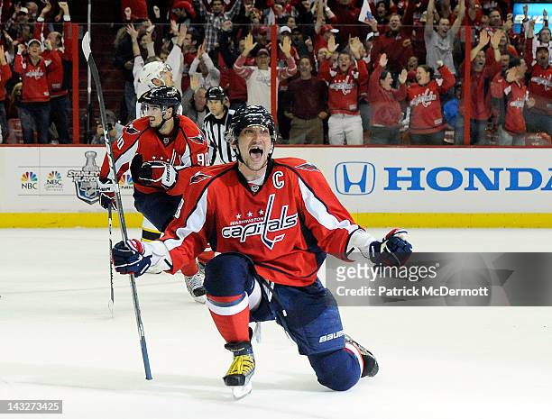 Alex Ovechkin of the Washington Capitals celebrates after scoring a goal in the third period against the Boston Bruins in Game Six of the Eastern...