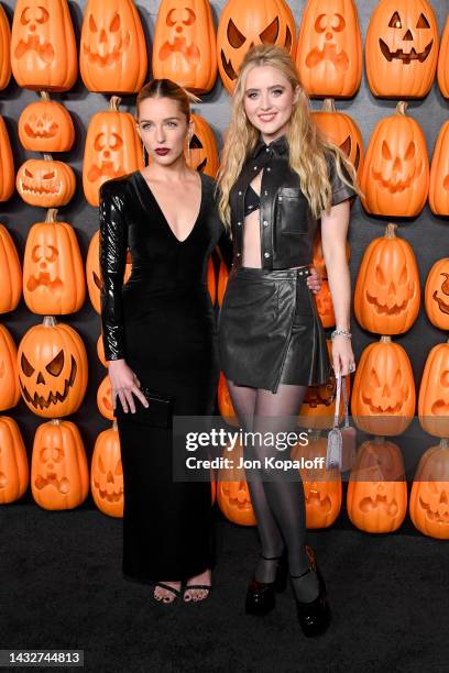 Jessica Rothe and Kathryn Newton attend Universal Pictures World Premiere Of "Halloween Ends" on October 11, 2022 in Hollywood, California.