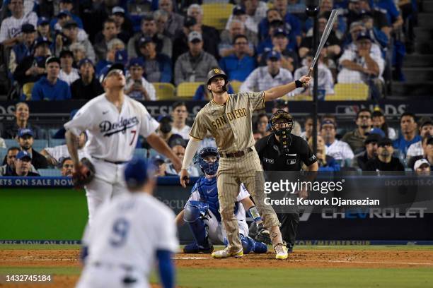 Wil Myers of the San Diego Padres watches his fifth inning solo home run in game one of the National League Division Series against the Los Angeles...