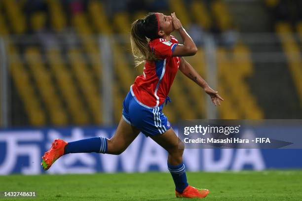 Anaís Almendra Cifuentes San Juan of Chile celebrates the third goal during the FIFA U-17 Women's World Cup 2022 Chile v New Zealand at Pandit...