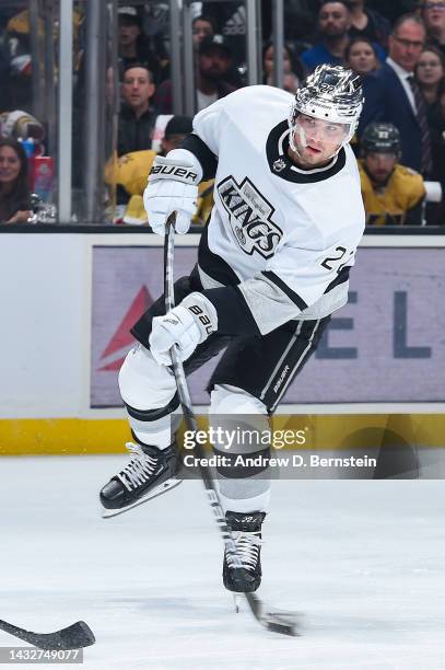 Kevin Fiala of the Los Angeles Kings skates with the puck during the first period against the Vegas Golden Knights at Crypto.com Arena on October 11,...