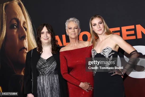 Ruby Guest, Jamie Lee Curtis, and Annie Guest attends the Universal Pictures world premiere of "Halloween Ends" on October 11, 2022 in Los Angeles,...