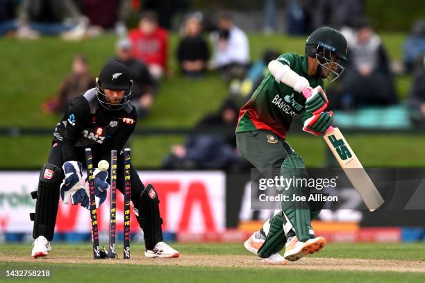 Afif Hossain of Bangladesh is bowled by Michael Bracewell during game five of the T20 International series between New Zealand and Bangladesh at...