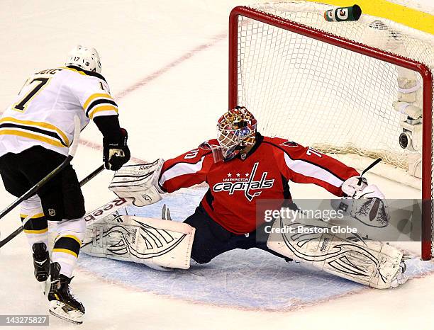 Washington Capitals goalie Braden Holtby makes a pad save on a point blank shot by Boston Bruins left wing Milan Lucic during the first period. The...
