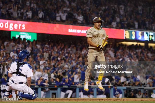 Ha-Seong Kim of the San Diego Padres reacts after flying out to end the game against the Los Angeles Dodgers in game one of the National League...