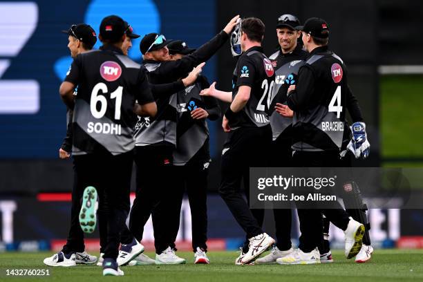 New Zealand celebrate the wicket of Nurul Hasan during game five of the T20 International series between New Zealand and Bangladesh at Hagley Oval on...