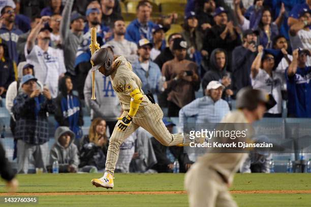 Ha-Seong Kim of the San Diego Padres reacts after flying out to end the game against the Los Angeles Dodgers in game one of the National League...