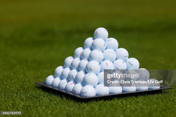 Detailed view of a golf balls on the practice range are seen during a practice round prior to the LIV Golf Invitational - Jeddah at Royal Greens Golf...