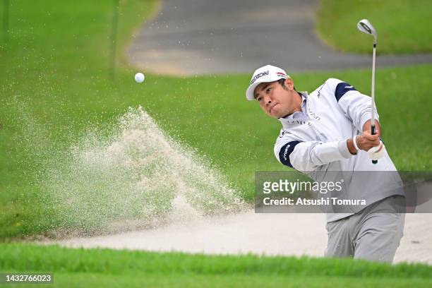 Hideki Matsuyama of Japan hits from a bunkler on the 8th hole during the pro-am prior to the ZOZO Championship at Accordia Golf Narashino Country...