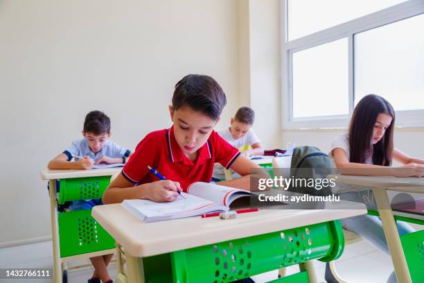 concentrated small school children sitting at the desk on lesson in classroom, writing - turkey school stockfoto's en -beelden