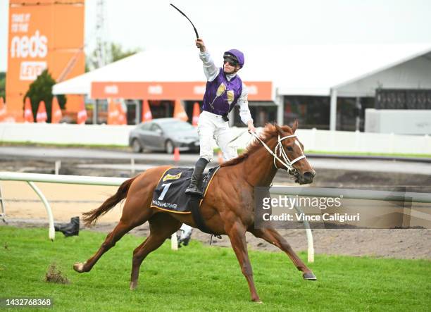 James McDonald riding Madame Pommery winning Race 8, the Schweppes Thousand Guineas, during Caulfield Thousand Guineas Day at Caulfield Racecourse on...