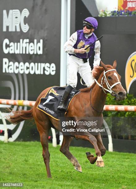 James McDonald riding Madame Pommery winning Race 8, the Schweppes Thousand Guineas, during Caulfield Thousand Guineas Day at Caulfield Racecourse on...