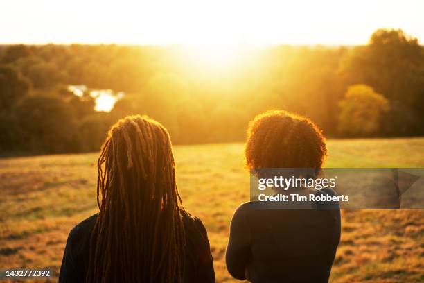 man and woman looking at view at sunset - female looking away from camera serious thinking outside natural stock pictures, royalty-free photos & images