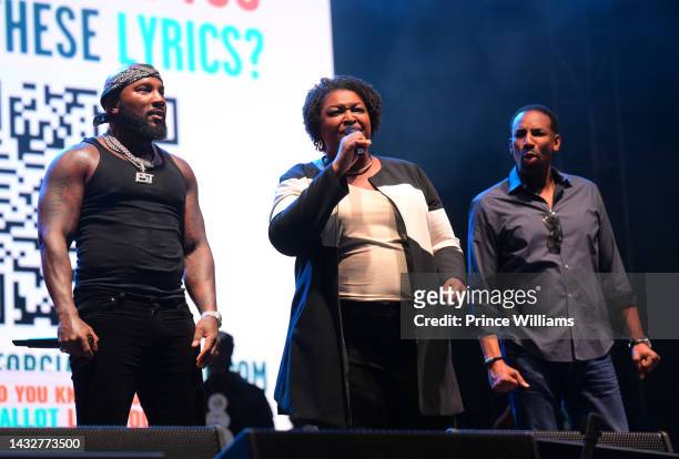 Jeezy, Stacey Abrams and Andre Dickens Onstage during Day 1 2022 ONE MusicFest at Central Park on October 8, 2022 in Atlanta, Georgia.