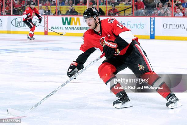 Jason Spezza of the Ottawa Senators skates in Game Three of the Eastern Conference Quarterfinals against the New York Rangers during the 2012 NHL...