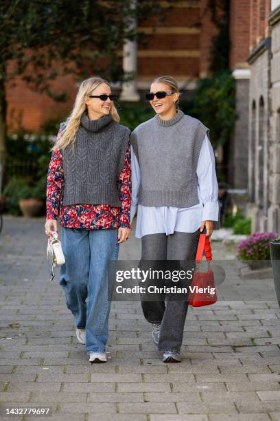 Sonja Leigh wears grey knit Sezane, floral print shirt, denim jeans Monki, bag Chloe, sneakers/ shoes New Balance, sunglasses NAKD & Hollie Mercedes...