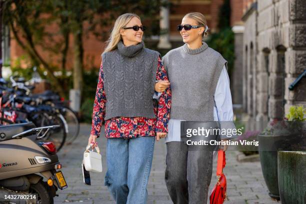 Sonja Leigh wears grey knit Sezane, floral print shirt, denim jeans Monki, bag Chloe, sneakers/ shoes New Balance, sunglasses NAKD & Hollie Mercedes...