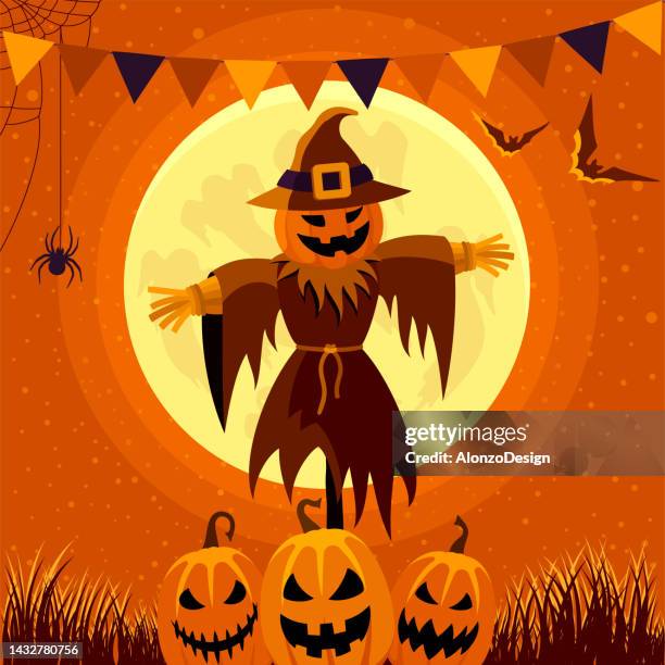 bildbanksillustrationer, clip art samt tecknat material och ikoner med halloween night. pumpkin scarecrow. - cover monster face