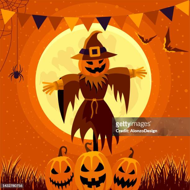 halloween night. pumpkin scarecrow. - cover monster face stock illustrations