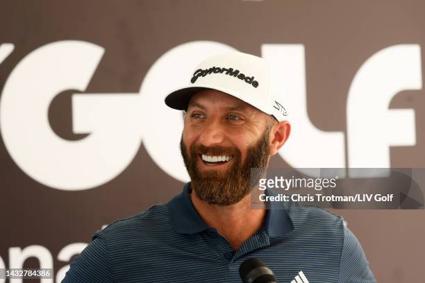 Team Captain Dustin Johnson of 4 Aces GC speaks to the media during a press conference prior to the LIV Golf Invitational - Jeddah at Royal Greens...