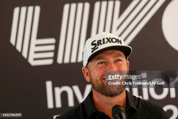 Graeme McDowell of Cleeks GC speaks to the media during a press conference prior to the LIV Golf Invitational - Jeddah at Royal Greens Golf & Country...