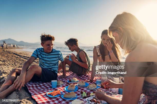 family having summer picnic breakfast on the beach - cold drink beach stock pictures, royalty-free photos & images