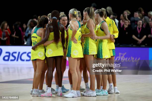 The Australian Diamonds regroup during the Constellation Cup netball match between New Zealand and Australia at Spark Arena on October 12, 2022 in...