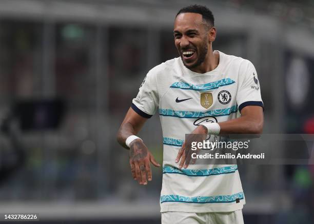 Pierre-Emerick Aubameyang of Chelsea FC celebrates his goal during the UEFA Champions League group E match between AC Milan and Chelsea FC at...