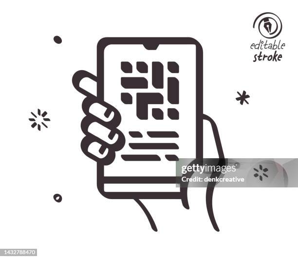 playful line illustration for qr code generator - scan qr code online stock illustrations