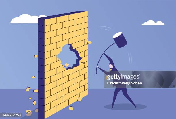 stockillustraties, clipart, cartoons en iconen met business man smashes the partition wall with a sledgehammer - frustration