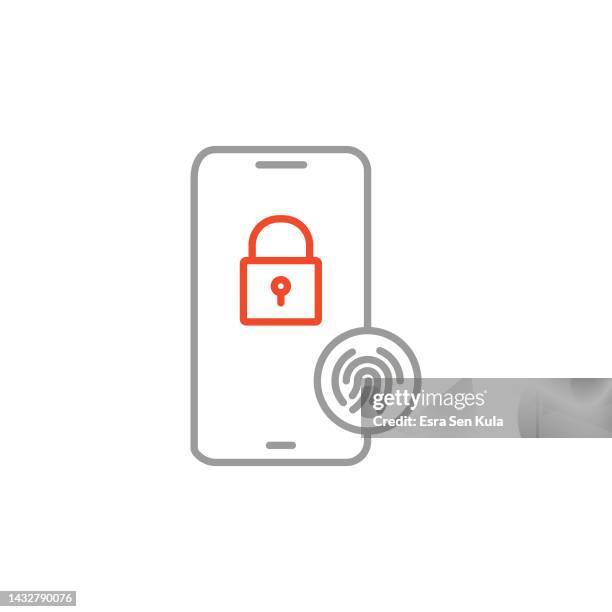 mobile phone security colored line icon design with editable stroke - fingerprint scanner stock illustrations