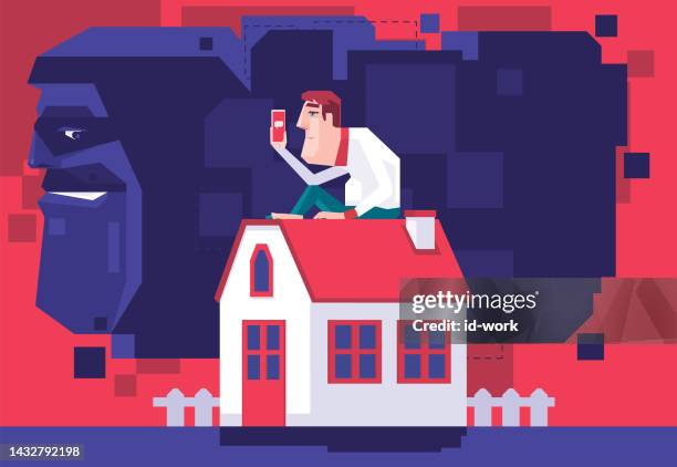 nerd sitting beside house and using smartphone while scammer surveillance - man surrounded stock illustrations