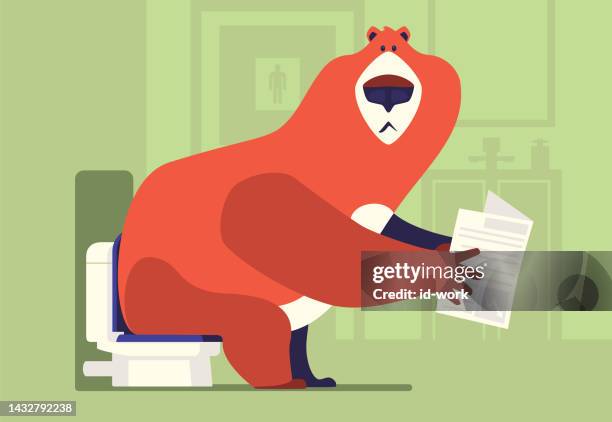 ilustraciones, imágenes clip art, dibujos animados e iconos de stock de oso sentado en la taza del inodoro y sosteniendo el periódico - diarrhea