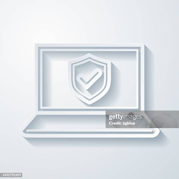 secure laptop. icon with paper cut effect on blank background - behind computer screen stock illustrations