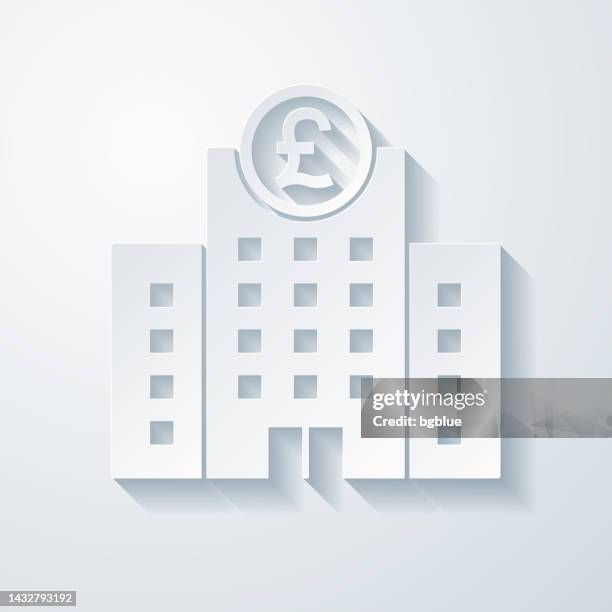 bank with pound sign. icon with paper cut effect on blank background - bank branch stock illustrations