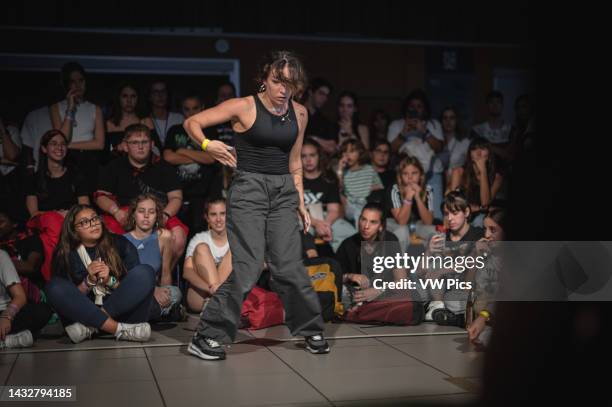 Alba performing at MAF Battle, urban and street dance event organized by Mafiia Crew during El Pilar fiestas in Zaragoza, Spain.