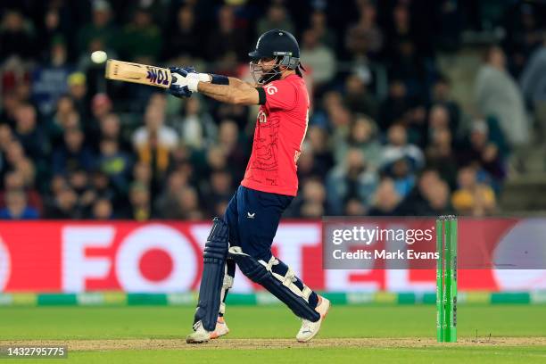 Moeen Ali of England bats during game two of the T20 International series between Australia and England at Manuka Oval on October 12, 2022 in...