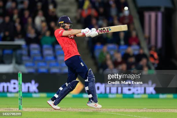 Dawid Malan of England bats during game two of the T20 International series between Australia and England at Manuka Oval on October 12, 2022 in...