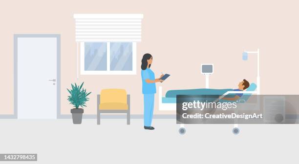 ilustraciones, imágenes clip art, dibujos animados e iconos de stock de interior de la habitación del hospital con el médico analizando al paciente - urgencias-hospital
