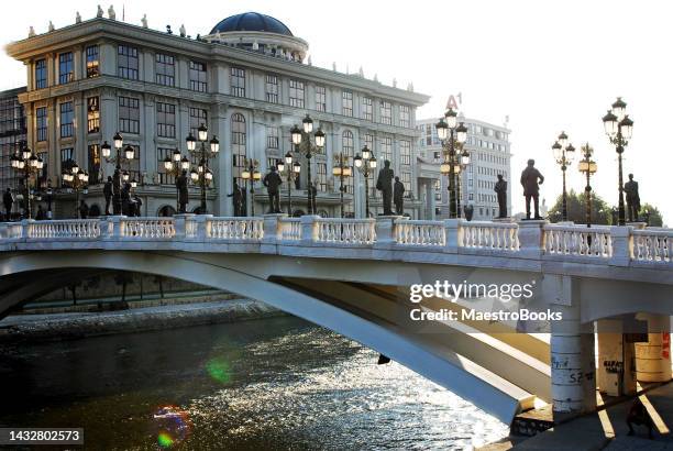 sunrise at the art bridge in skopje city. - skopje stock pictures, royalty-free photos & images