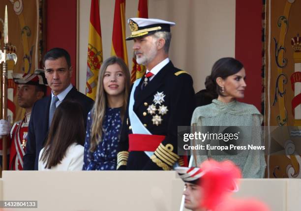 Prime Minister Pedro Sanchez; Infanta Sofia; King Felipe VI and Queen Letizia, during the solemn act of homage to the national flag and military...