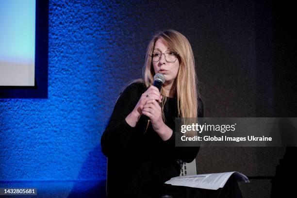 Viktoriia Amelina, Ukrainian novelist, essayist, and human rights activist, speaks at a public discussion during the 29th Lviv Book Forum on October...