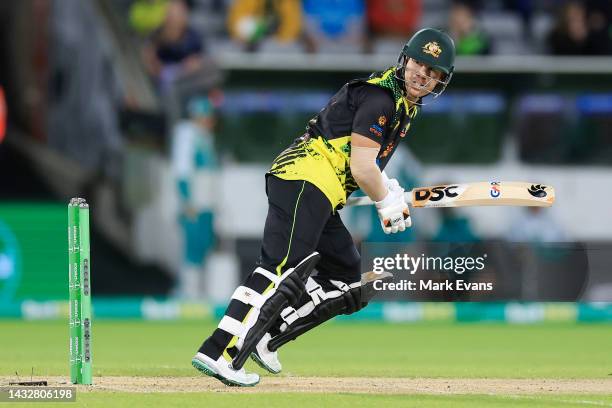 David Warner of Australia bats during game two of the T20 International series between Australia and England at Manuka Oval on October 12, 2022 in...