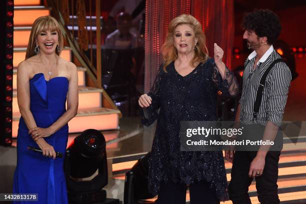 Italian presenter Milly Carlucci whit Italian singer and presenter Iva Zanicchi and the Italian dancer Samuel Peron during the first episode of the...